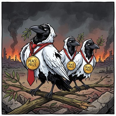 Crows of Peace logo: three crows in torn white dove costumes