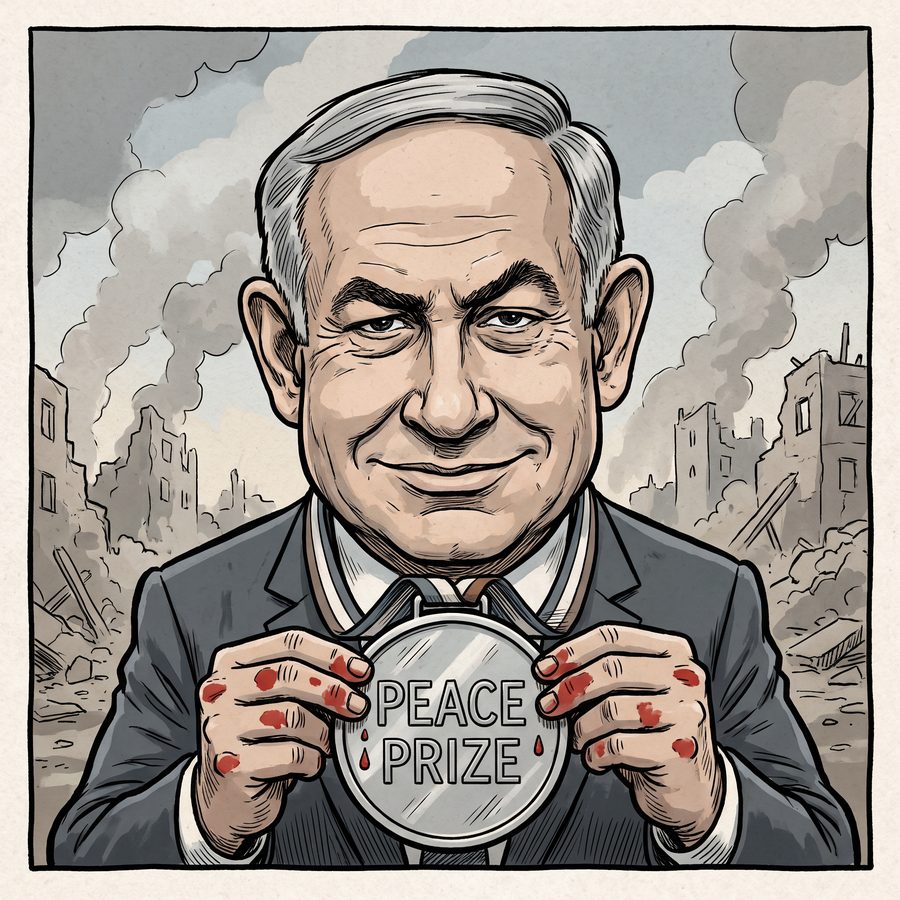 Editorial cartoon: Netanyahu holding a silver PEACE PRIZE medal with red-stained hands, ruins behind him