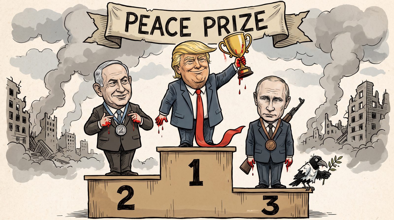 Editorial cartoon: Trump, Netanyahu and Putin on a peace-prize podium, gold, silver and bronze, with blood on their hands; a crow in a torn dove costume sits on the podium