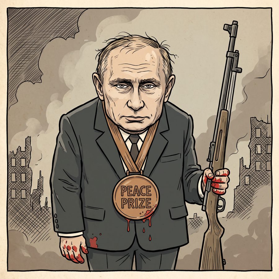 Editorial cartoon: Putin with a bronze PEACE PRIZE medal and a rifle, red-stained hands, ruins behind him