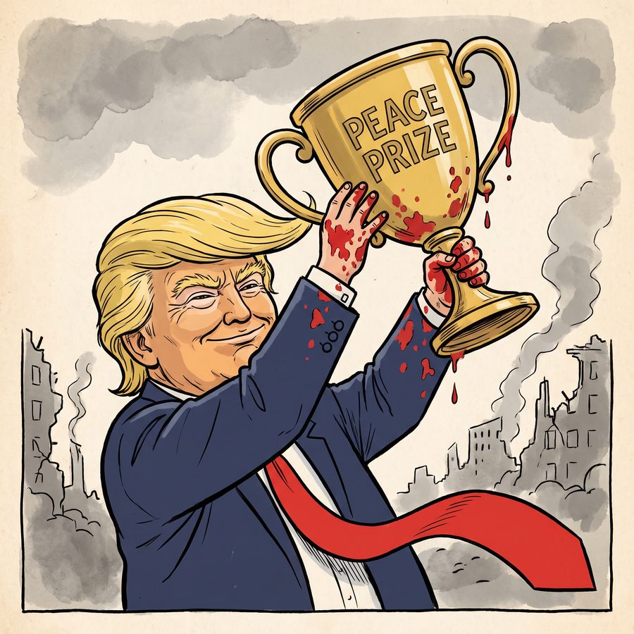 Editorial cartoon: Trump waving a gold PEACE PRIZE trophy with red-stained hands, ruins behind him